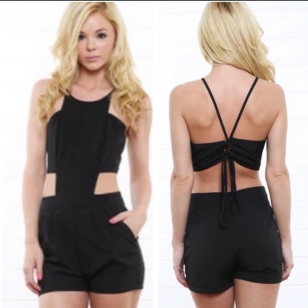 Black short romper with tie up back